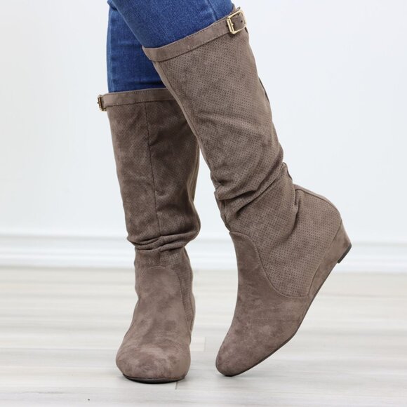 Taupe Faux Suede Round Toe Low Kitten Wedge Heel Mid Calf Boots - Picture 10 of 13